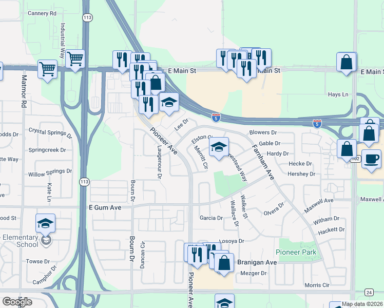 map of restaurants, bars, coffee shops, grocery stores, and more near 774 Merritt Circle in Woodland