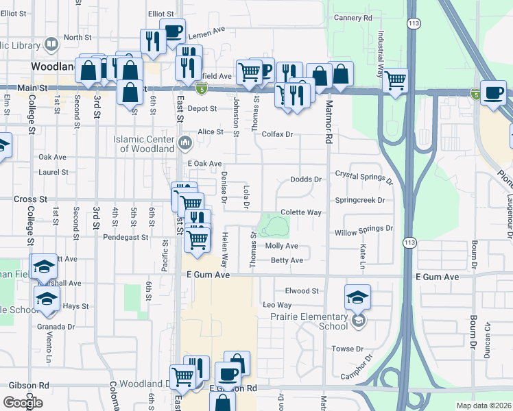 map of restaurants, bars, coffee shops, grocery stores, and more near 1335 Colette Way in Woodland