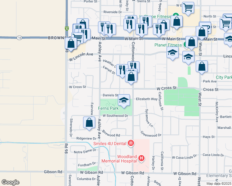 map of restaurants, bars, coffee shops, grocery stores, and more near 726 Daniels Street in Woodland
