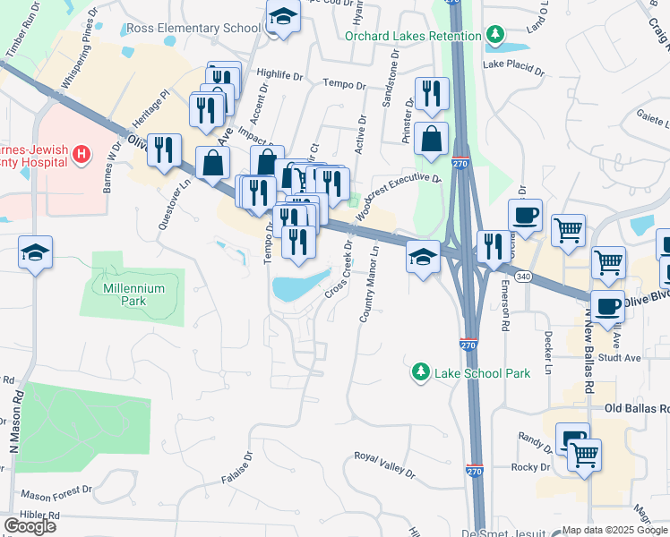 map of restaurants, bars, coffee shops, grocery stores, and more near 777 Cross Creek Drive in Creve Coeur