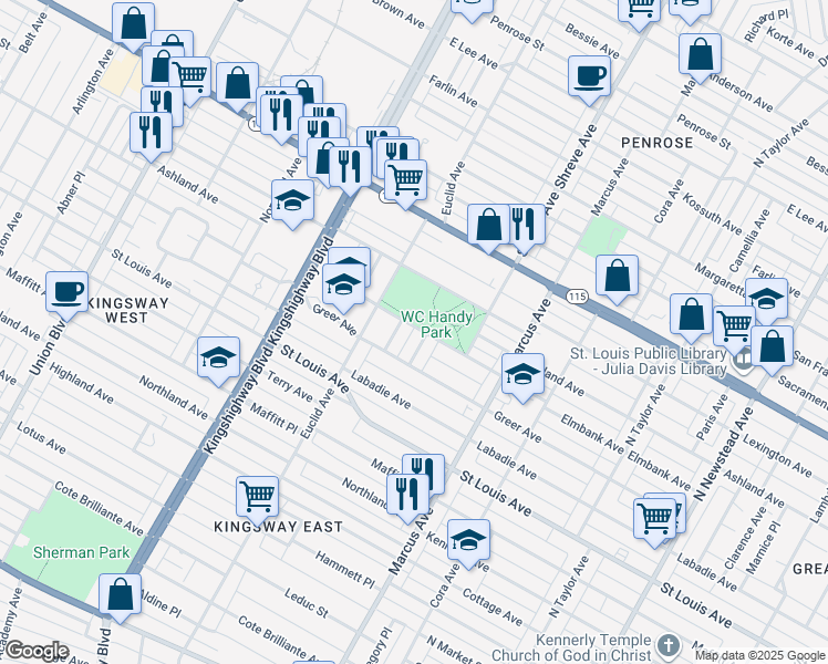 map of restaurants, bars, coffee shops, grocery stores, and more near 4830 Ashland Avenue in St. Louis