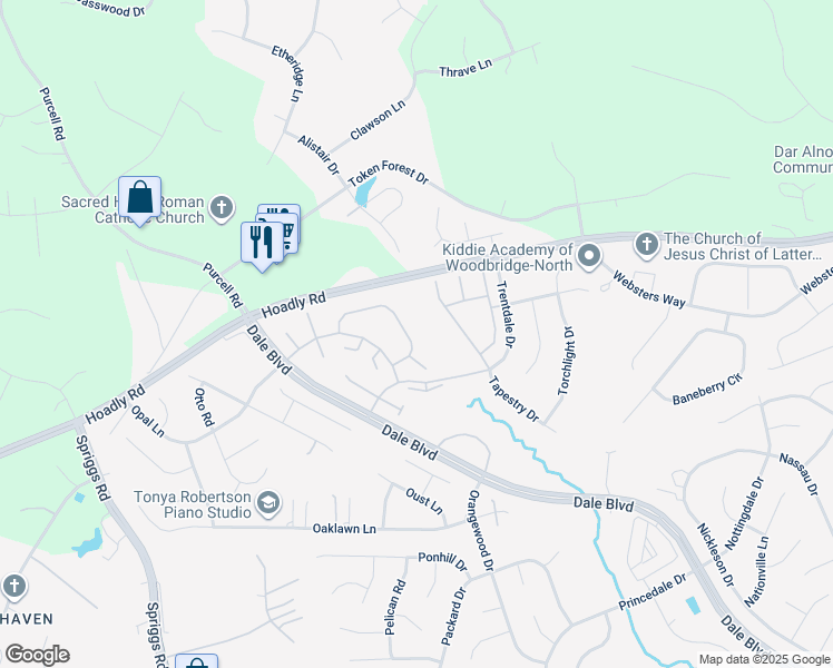 map of restaurants, bars, coffee shops, grocery stores, and more near 13125 Thrift Lane in Woodbridge