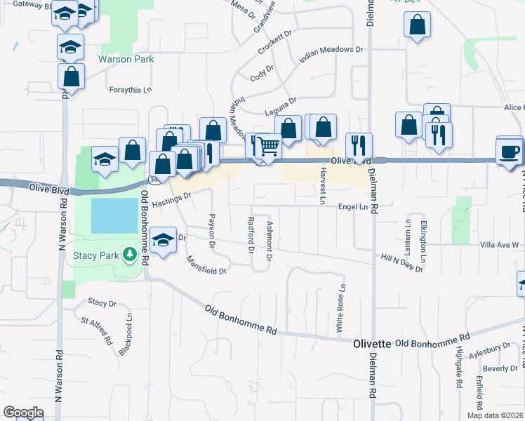 map of restaurants, bars, coffee shops, grocery stores, and more near 9609 Ashmont Drive in Olivette