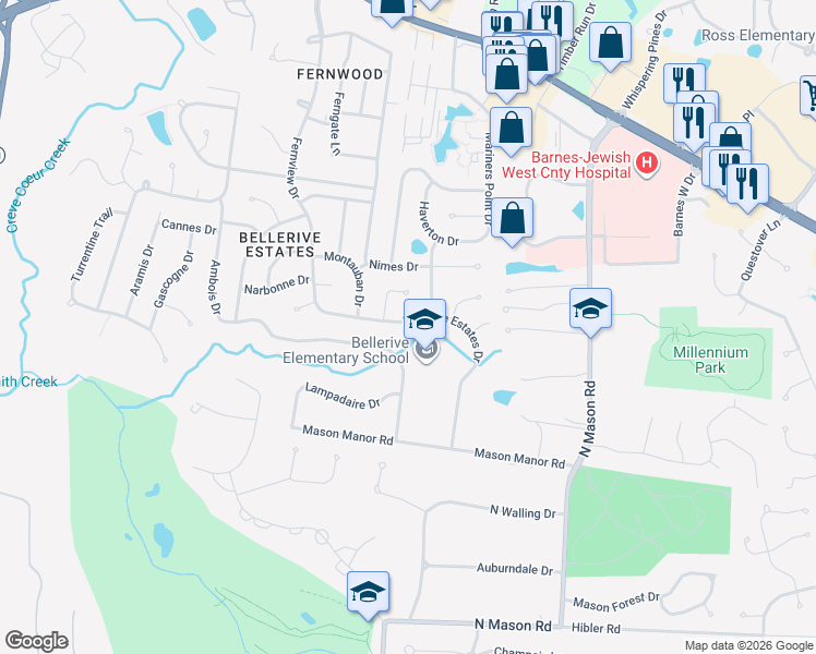 map of restaurants, bars, coffee shops, grocery stores, and more near 12918 Bellerive Estates Drive in Creve Coeur