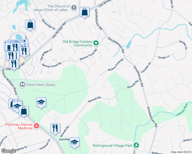 map of restaurants, bars, coffee shops, grocery stores, and more near 3710 Beaver Ford Road in Woodbridge