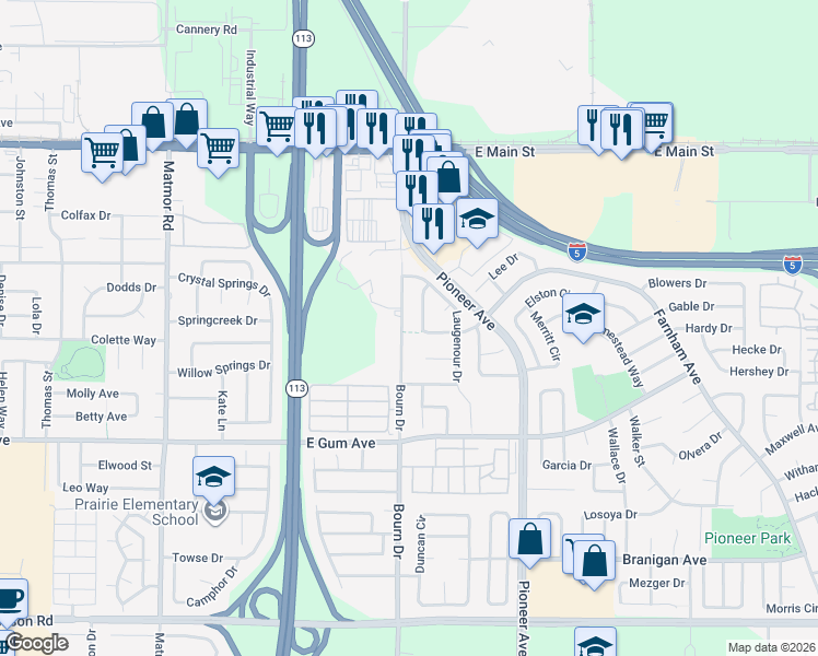 map of restaurants, bars, coffee shops, grocery stores, and more near 721 Bourn Drive in Woodland