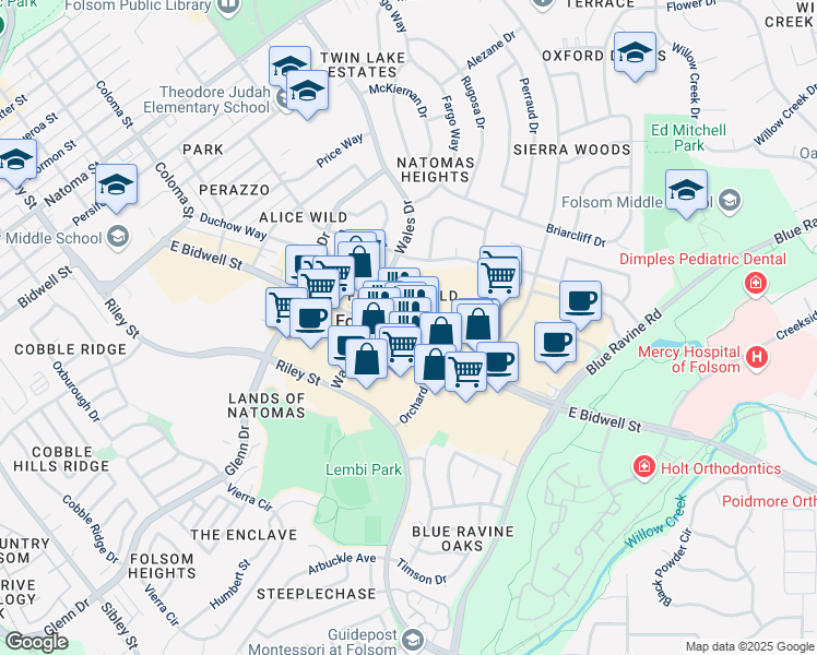 map of restaurants, bars, coffee shops, grocery stores, and more near 706 East Bidwell Street in Folsom