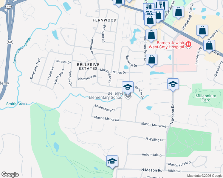 map of restaurants, bars, coffee shops, grocery stores, and more near 12927 Ambois Drive in Creve Coeur