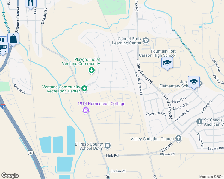 map of restaurants, bars, coffee shops, grocery stores, and more near 7407 Benecia Drive in Fountain