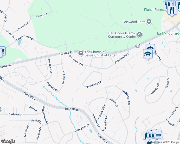 map of restaurants, bars, coffee shops, grocery stores, and more near 14098 Baneberry Circle in Manassas