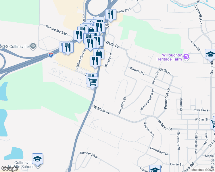 map of restaurants, bars, coffee shops, grocery stores, and more near 200 North Bluff Road in Collinsville