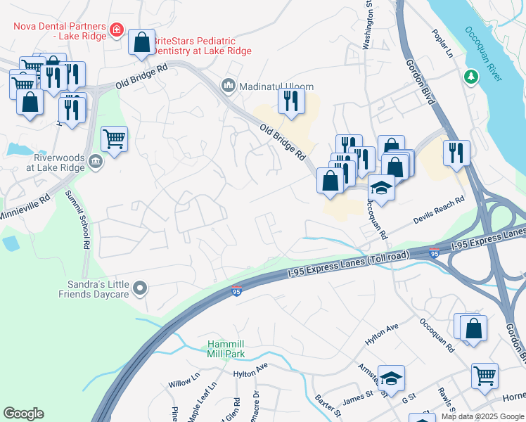 map of restaurants, bars, coffee shops, grocery stores, and more near 1804 Tiger Lily Circle in Woodbridge