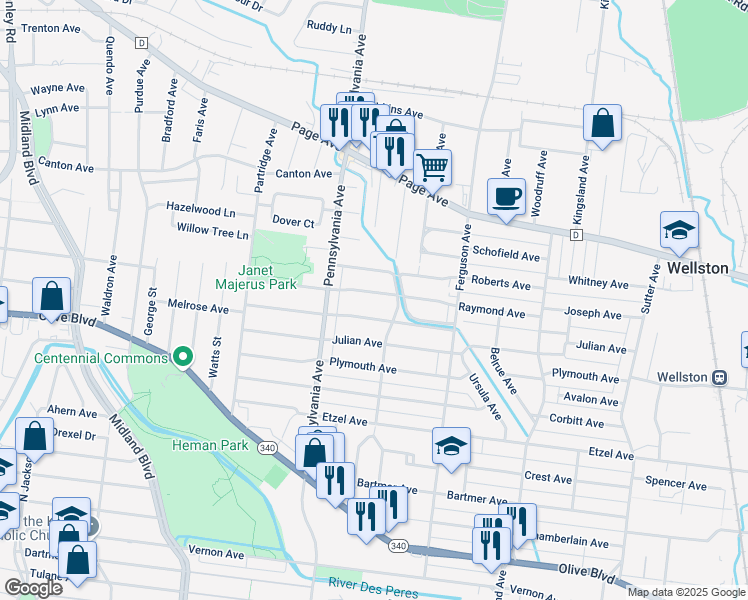 map of restaurants, bars, coffee shops, grocery stores, and more near 6929 Melrose Avenue in University City