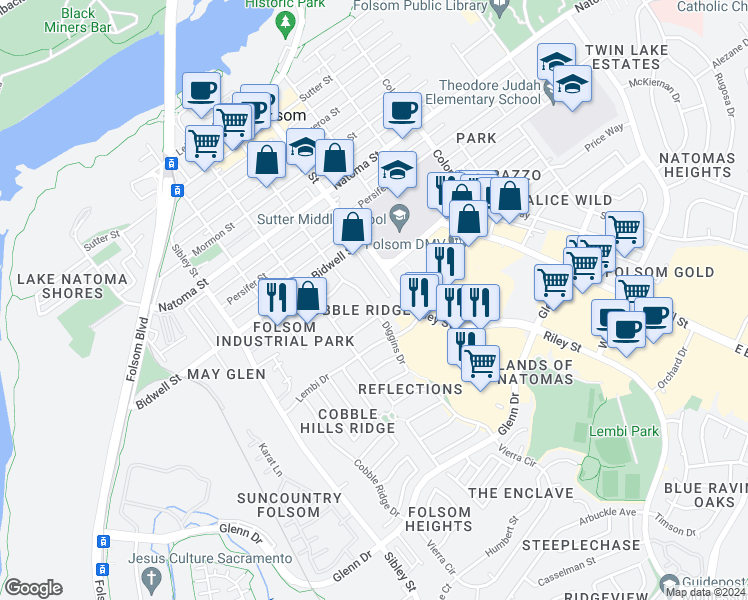 map of restaurants, bars, coffee shops, grocery stores, and more near 50 Diggins Drive in Folsom