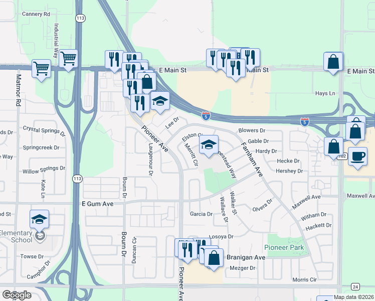 map of restaurants, bars, coffee shops, grocery stores, and more near 774 Merritt Circle in Woodland