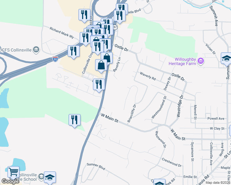 map of restaurants, bars, coffee shops, grocery stores, and more near 200 North Bluff Road in Collinsville