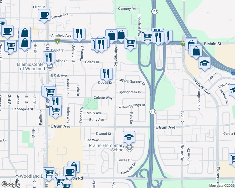 map of restaurants, bars, coffee shops, grocery stores, and more near 1399 Colette Way in Woodland