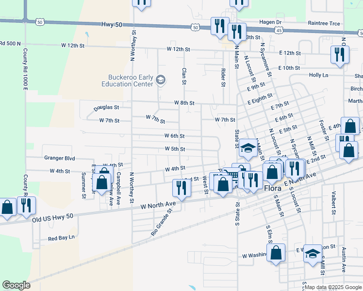 map of restaurants, bars, coffee shops, grocery stores, and more near 465 Seminary Street in Flora