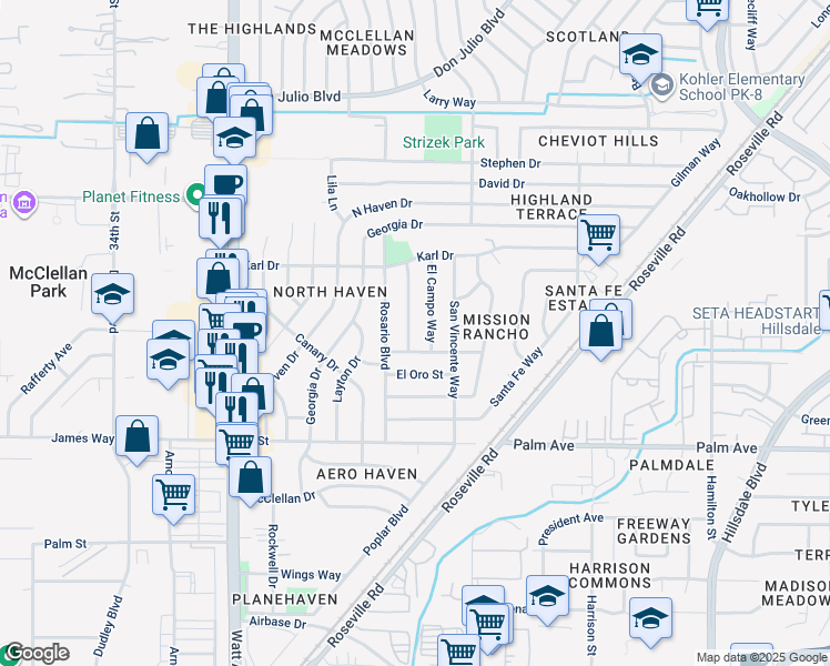 map of restaurants, bars, coffee shops, grocery stores, and more near 5708 San Marcos Way in North Highlands