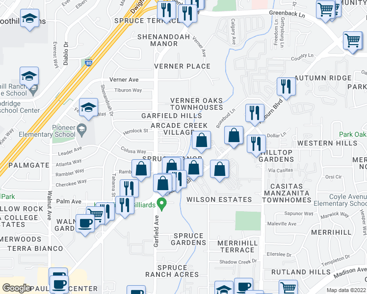 map of restaurants, bars, coffee shops, grocery stores, and more near 5631 Auburn Boulevard in Sacramento