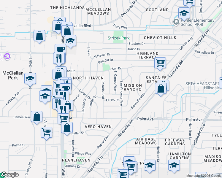 map of restaurants, bars, coffee shops, grocery stores, and more near 3825 Meramonte Way in North Highlands