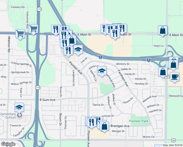 map of restaurants, bars, coffee shops, grocery stores, and more near 774 Merritt Circle in Woodland