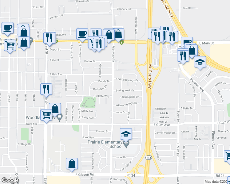 map of restaurants, bars, coffee shops, grocery stores, and more near 1399 Colette Way in Woodland