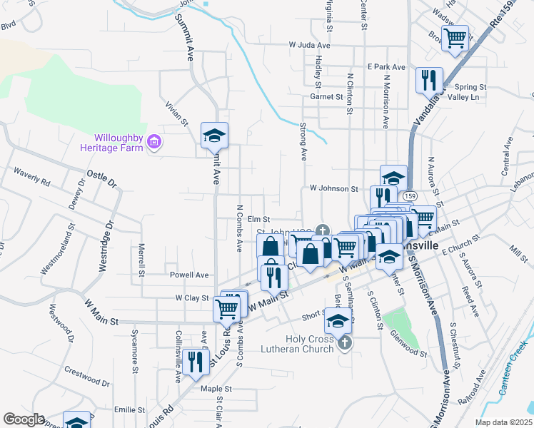 map of restaurants, bars, coffee shops, grocery stores, and more near 510 Elm Street in Collinsville