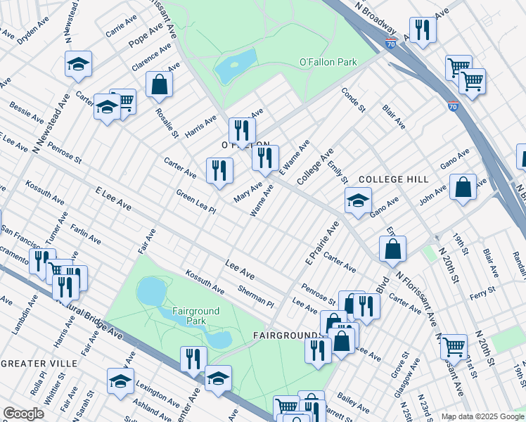 map of restaurants, bars, coffee shops, grocery stores, and more near in St. Louis