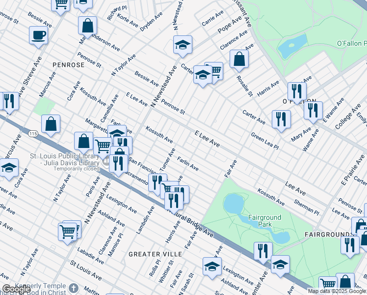 map of restaurants, bars, coffee shops, grocery stores, and more near 4253 Kossuth Avenue in St. Louis