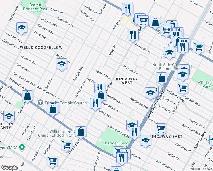 map of restaurants, bars, coffee shops, grocery stores, and more near in St. Louis