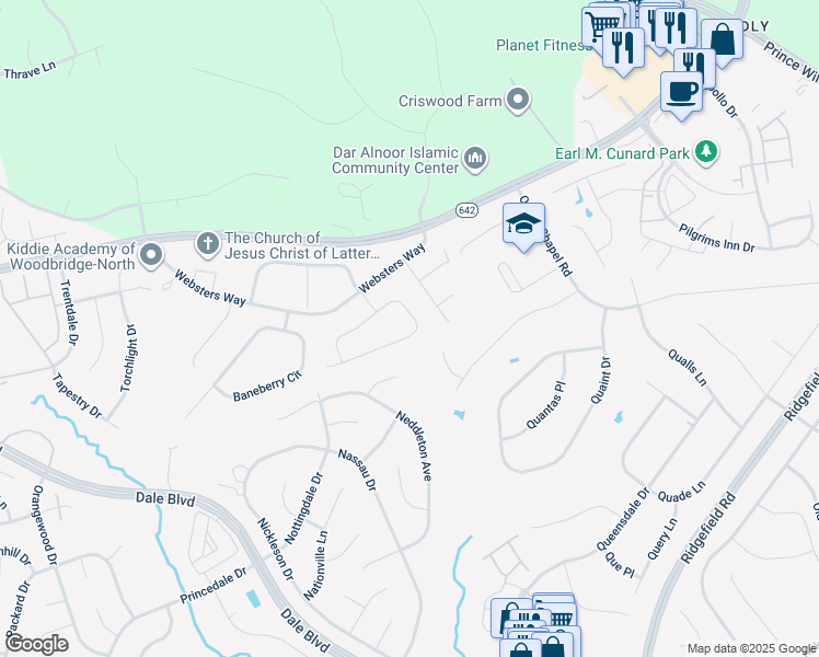map of restaurants, bars, coffee shops, grocery stores, and more near 5588 Victory Loop in Manassas