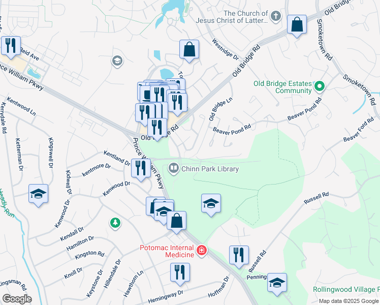 map of restaurants, bars, coffee shops, grocery stores, and more near 4097 Cressida Place in Woodbridge