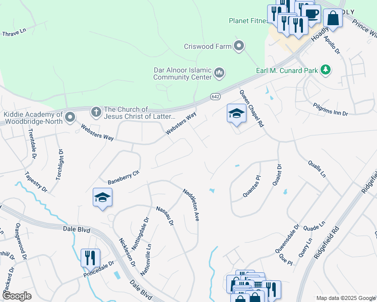 map of restaurants, bars, coffee shops, grocery stores, and more near 5588 Victory Loop in Manassas