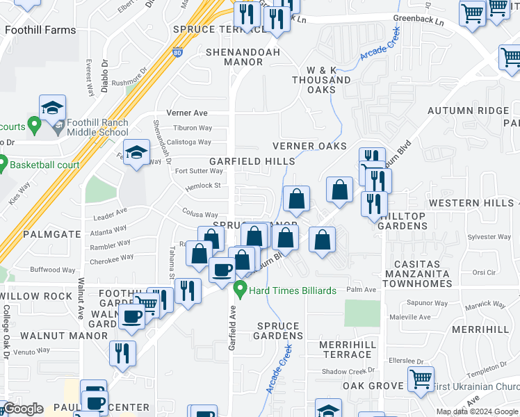 map of restaurants, bars, coffee shops, grocery stores, and more near 5543 Keoncrest Circle in Sacramento