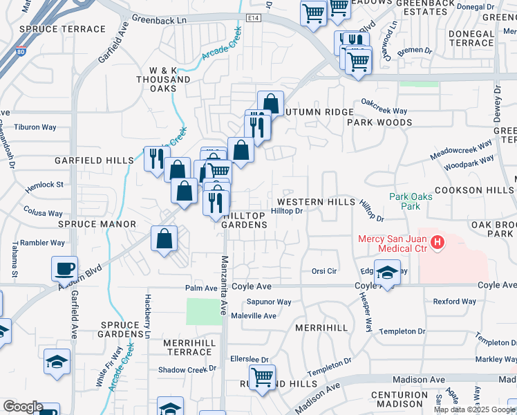 map of restaurants, bars, coffee shops, grocery stores, and more near 6000 Hilltop Drive in Carmichael