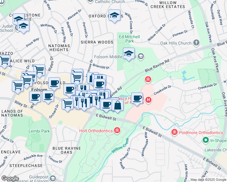 map of restaurants, bars, coffee shops, grocery stores, and more near 1338 School Street in Folsom