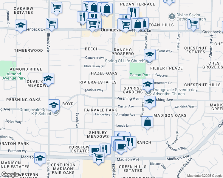 map of restaurants, bars, coffee shops, grocery stores, and more near in Orangevale