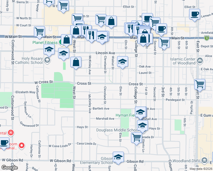 map of restaurants, bars, coffee shops, grocery stores, and more near 304 Cross Street in Woodland