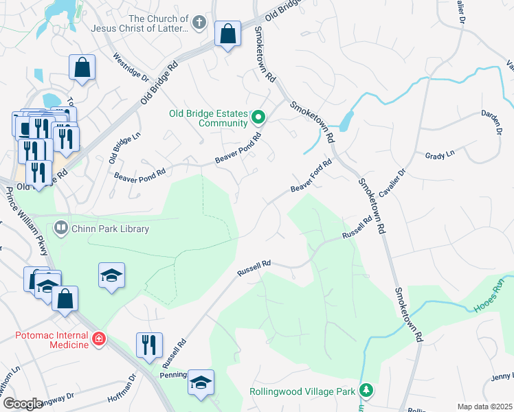 map of restaurants, bars, coffee shops, grocery stores, and more near 3710 Beaver Ford Road in Woodbridge