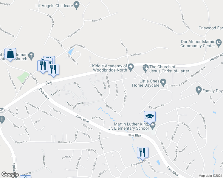 map of restaurants, bars, coffee shops, grocery stores, and more near 12987 Trentdale Drive in Woodbridge