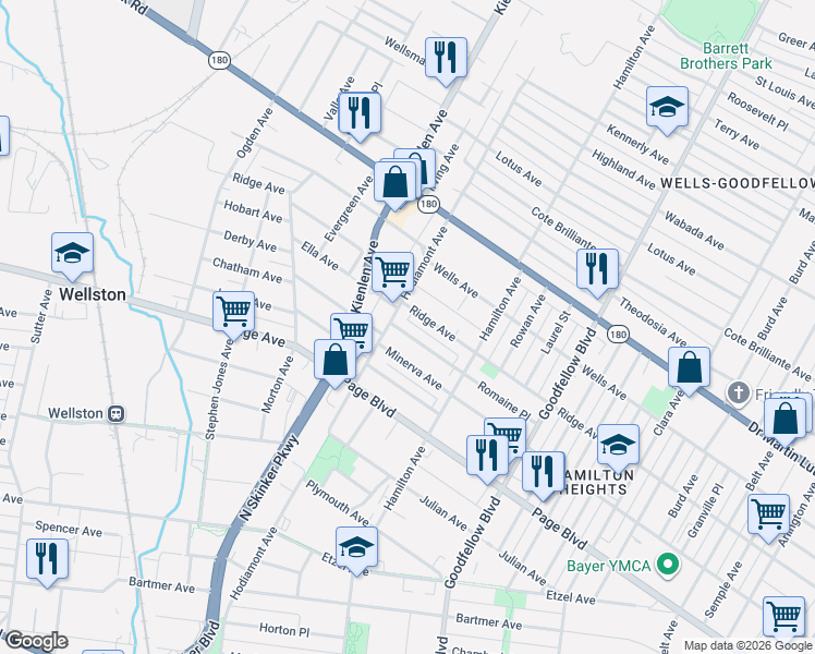 map of restaurants, bars, coffee shops, grocery stores, and more near 5963 Romaine Place in St. Louis