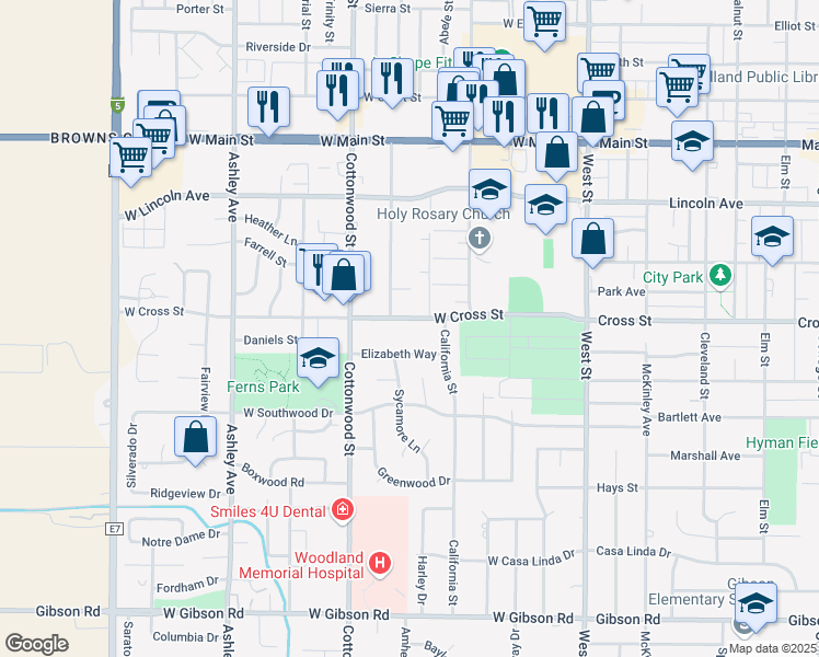 map of restaurants, bars, coffee shops, grocery stores, and more near 433 West Cross Street in Woodland