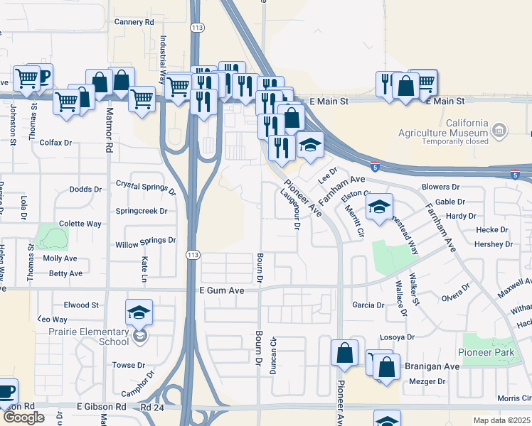 map of restaurants, bars, coffee shops, grocery stores, and more near 709 Bourn Drive in Woodland