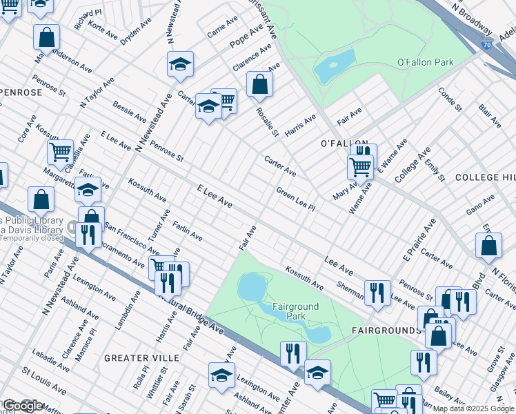 map of restaurants, bars, coffee shops, grocery stores, and more near 4160 Fair Avenue in St. Louis