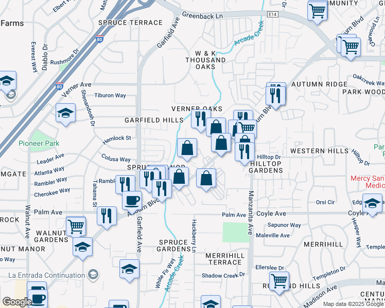 map of restaurants, bars, coffee shops, grocery stores, and more near 5741 Auburn Boulevard in Sacramento