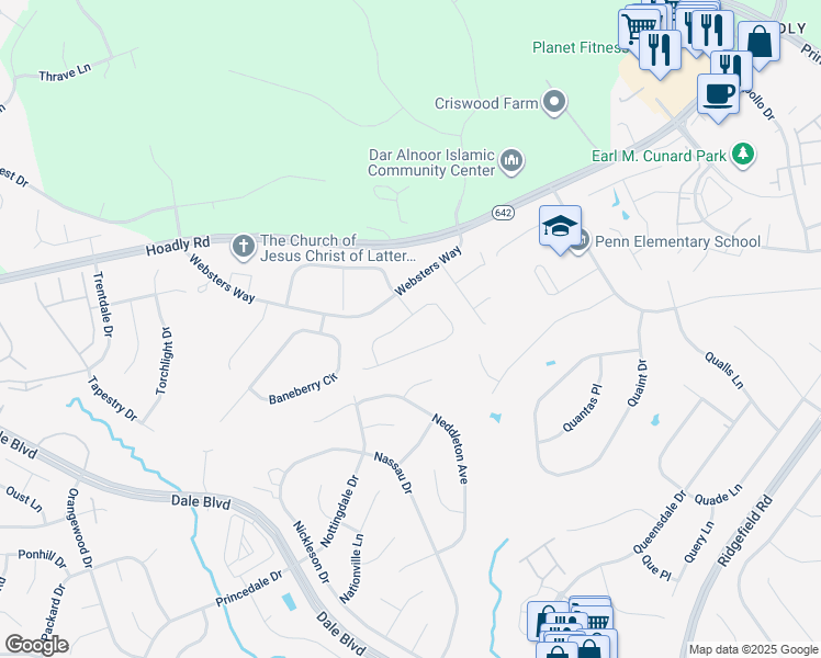 map of restaurants, bars, coffee shops, grocery stores, and more near 5534 Victory Loop in Manassas