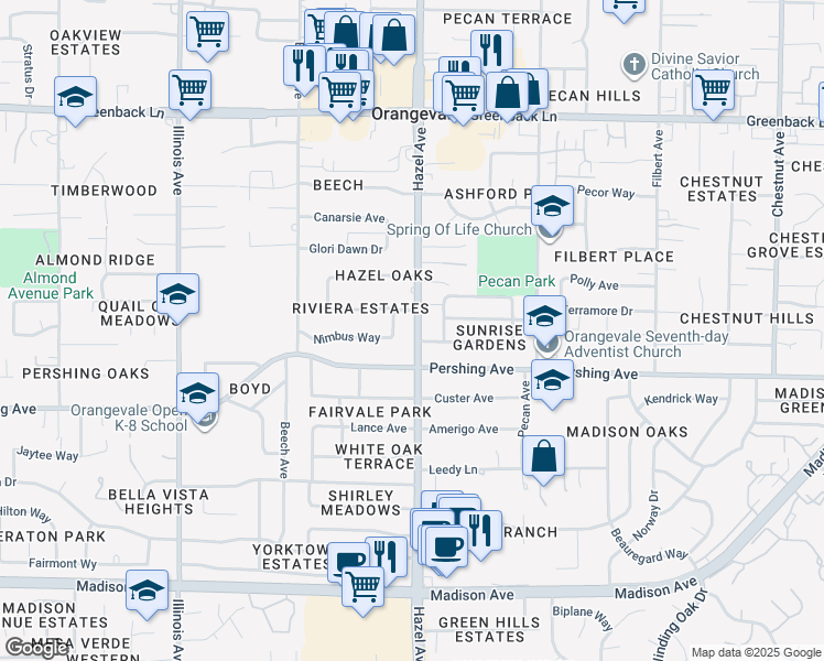 map of restaurants, bars, coffee shops, grocery stores, and more near in Orangevale