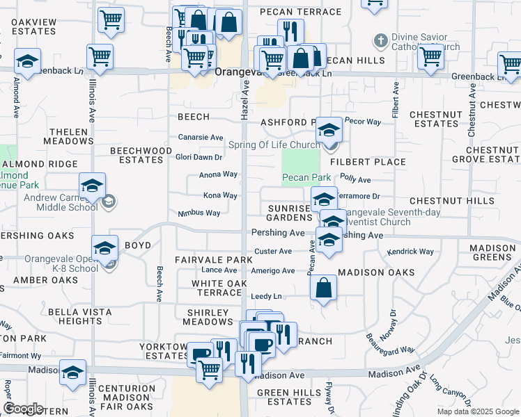 map of restaurants, bars, coffee shops, grocery stores, and more near 8916 Aksarben Drive in Orangevale