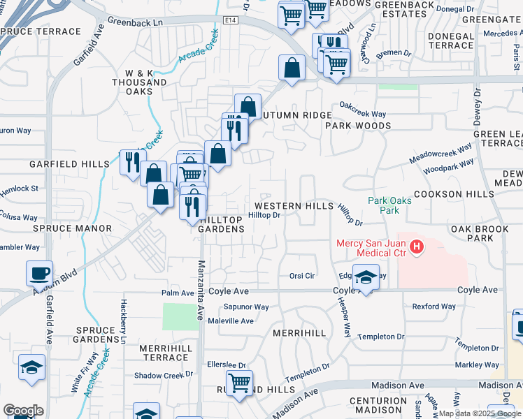 map of restaurants, bars, coffee shops, grocery stores, and more near 6040 Hilltop Drive in Carmichael